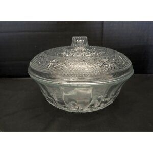 Vintage Sandwich Glass Covered Bowl Candy Dish KIG Malaysia Pressed Design 7”x5”